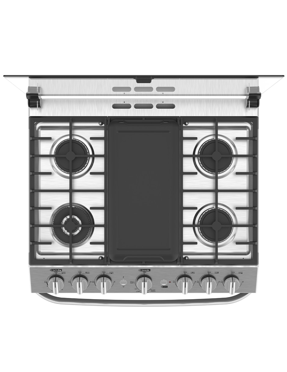 Combo estufa de piso a gas LP MABE Air Fry 75.8 cm EMHA7612DSSCM76SS de 6 quemadores + campana